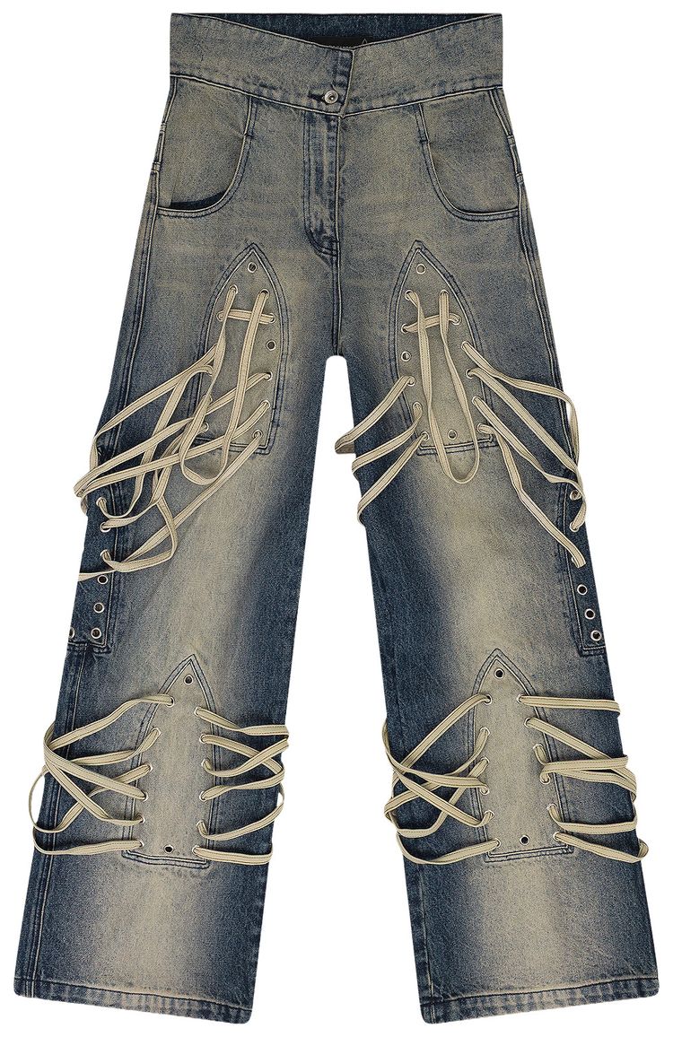 Who Decides War Laced Stained Wide Leg Jeans Indigo