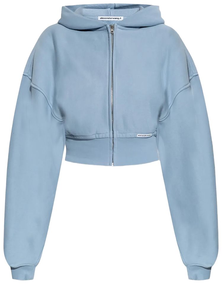 Alexander Wang Branded Seam Label Cropped Zip Up Hoodie Light Blue