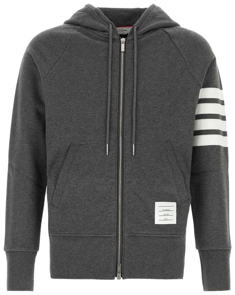 Thom Browne Classic Full Zip Hoodie In Classic Loopback with Engineered 4 Bar Dark Grey