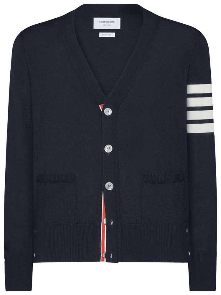 Thom Browne Classic V Neck Cardigan In Sustainable Fine Merino Wool Navy