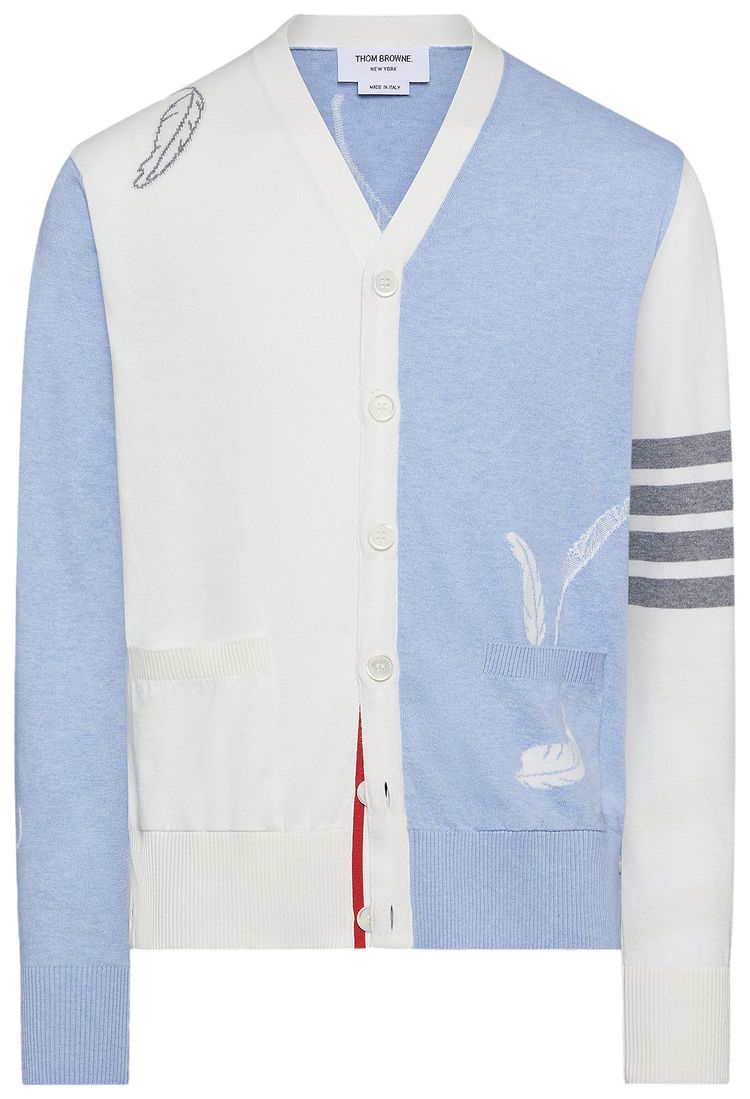 Thom Browne Funmix Feather Jersey Intarsia High V Neck Cardigan Light Blue