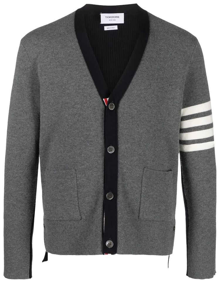 Thom Browne Intarsia 4 Bar Stripe High V Neck Cardigan Light Grey