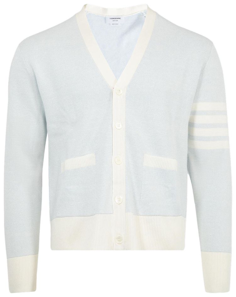 Thom Browne Textured Striped Stitch Relaxed Fit V Neck Cardigan Light Blue