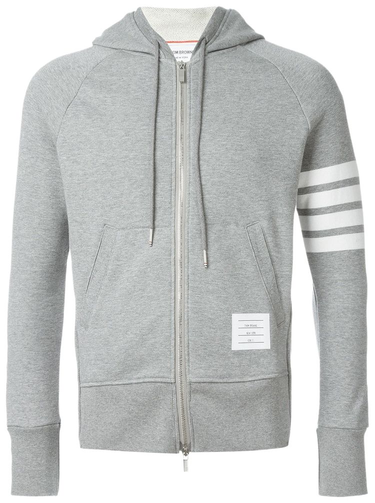 Thom Browne Classic Full Zip Hoodie In Classic Loopback with Engineered 4 Bar Light Grey