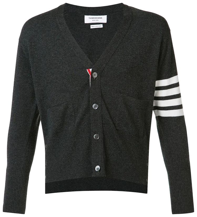 Thom Browne Classic Short V Neck Cardigan with White 4 Bar Stripe In Cashmere Medium Grey