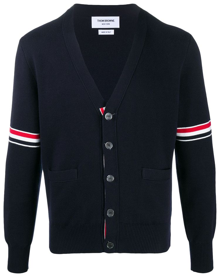 Thom Browne Milano Stitch RWB Stripes Cotton V Neck Cardigan Navy
