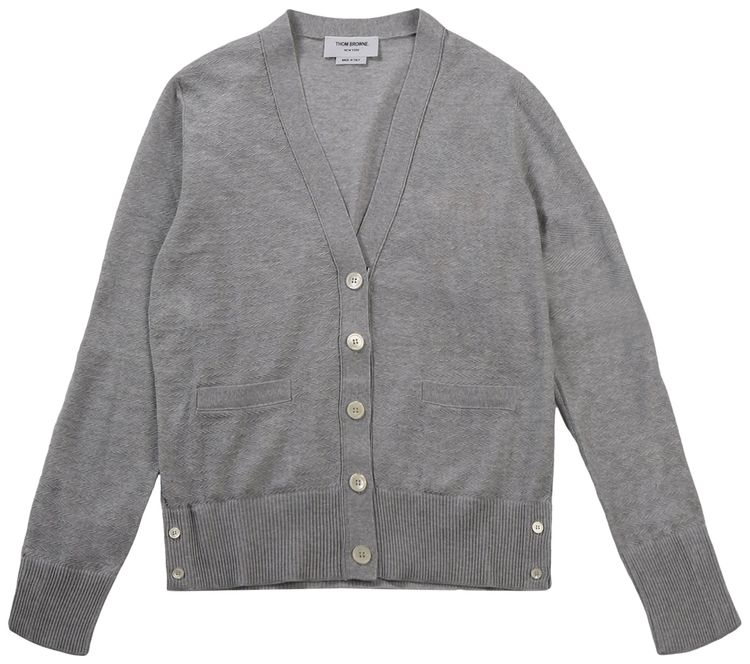 Thom Browne Floated Cable Stitch with Knit In 4 Bar Stripe V Neck Cardigan Light Grey