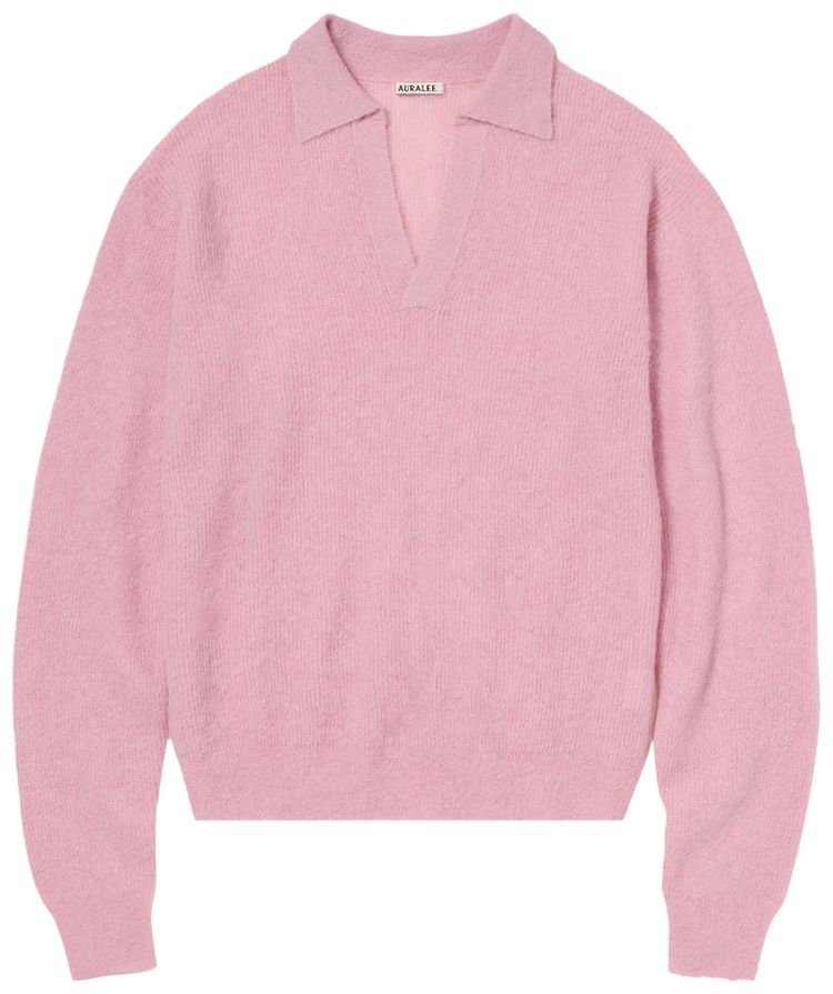 Auralee Baby Suri Alpaca Sheer Knit Skipper Polo Shirt Pink