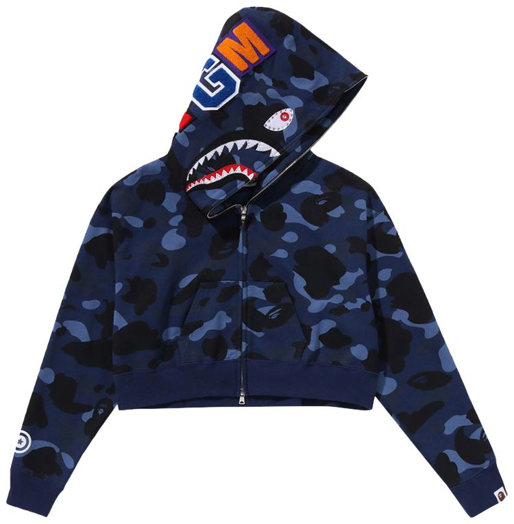 BAPE Color Camo Crystal Stone Shark Cropped Full Zip Hoodie Navy