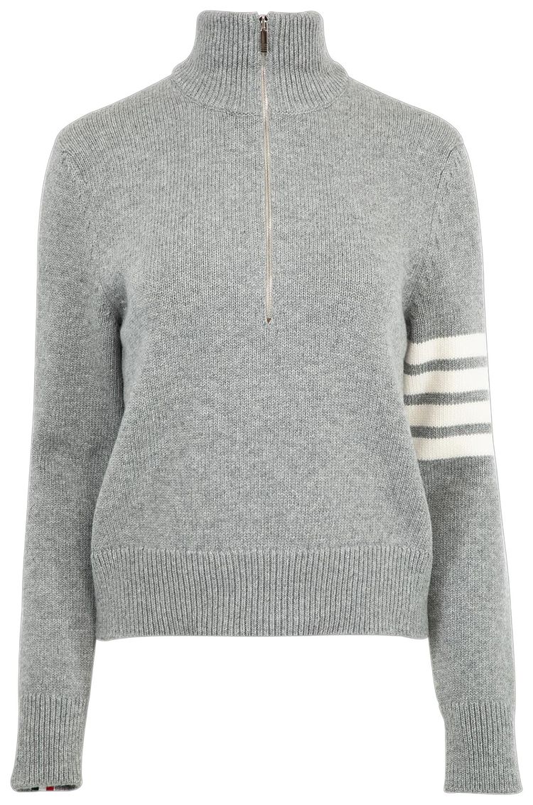 Thom Browne 4 Bar Half Zip Pullover in Merino Wool Light Grey
