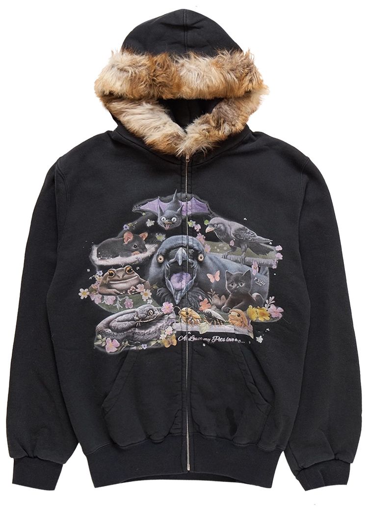 Doublet Furry Collar Zip Up Hoodie Black