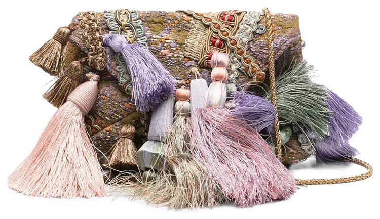 Dries Van Noten Embroidered Tassel Bag Khaki