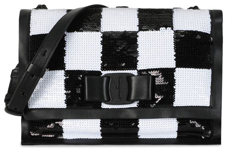 Ferragamo Checkered Sequin Shoulder Bag Black