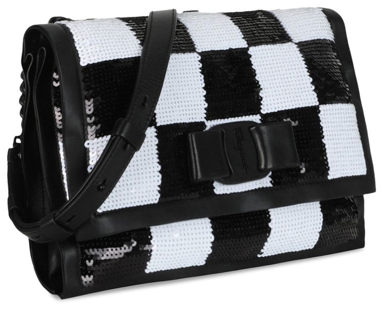 Ferragamo Checkered Sequin Shoulder Bag Black