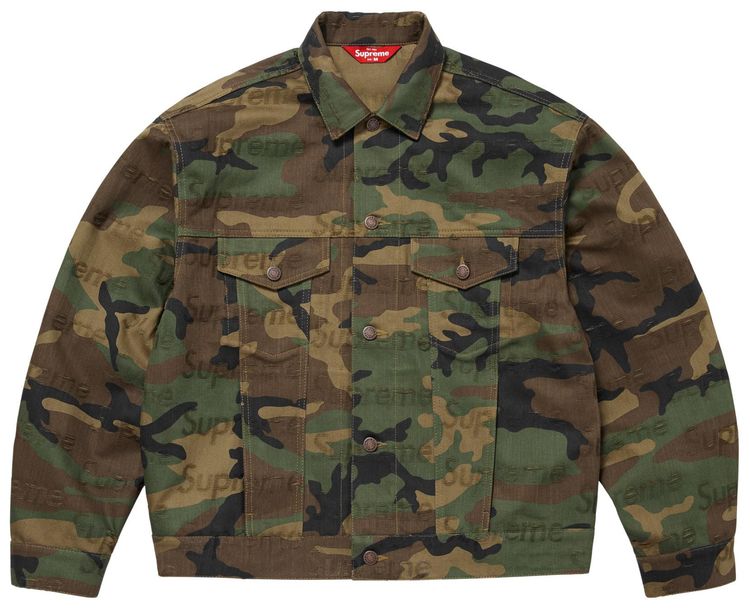 Supreme Jacquard Logos Denim Trucker Jacket Woodland Camo