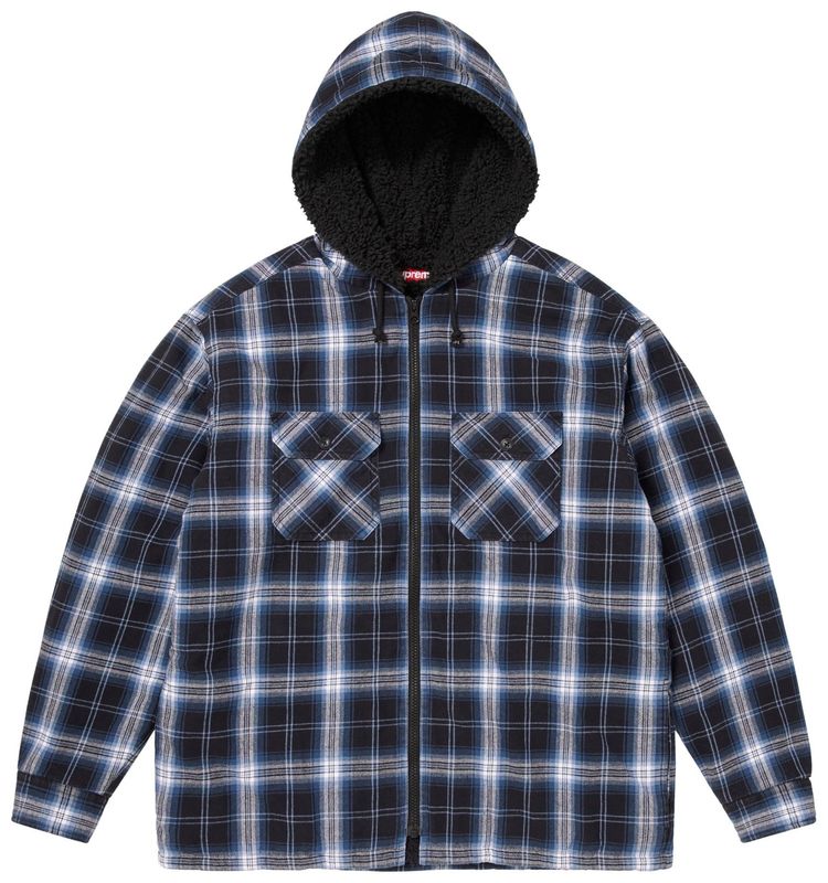 Supreme Lined Zip Up Hooded Flannel Shirt Black