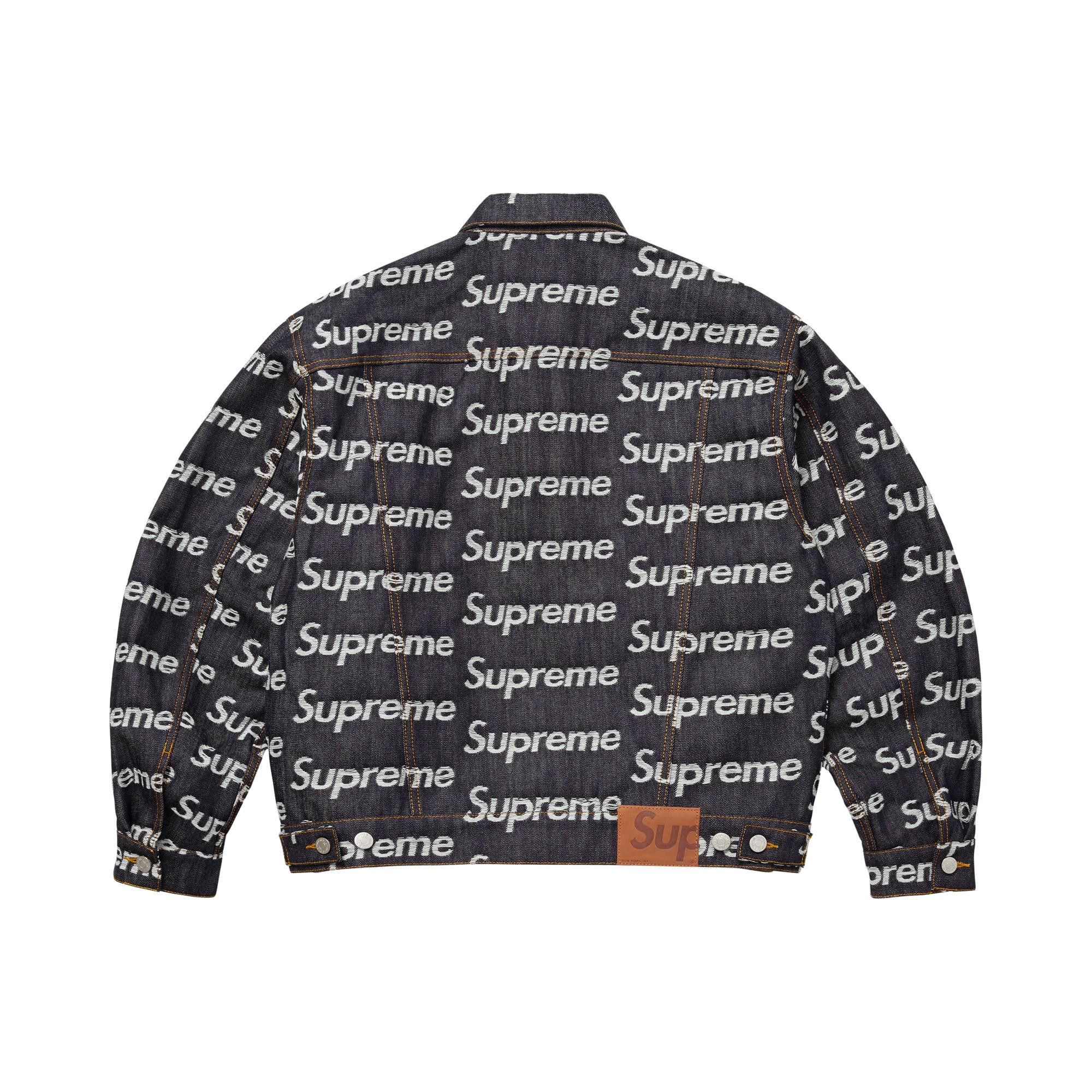 Buy Supreme Jacquard Logos Denim Trucker Jacket 'Rigid Indigo