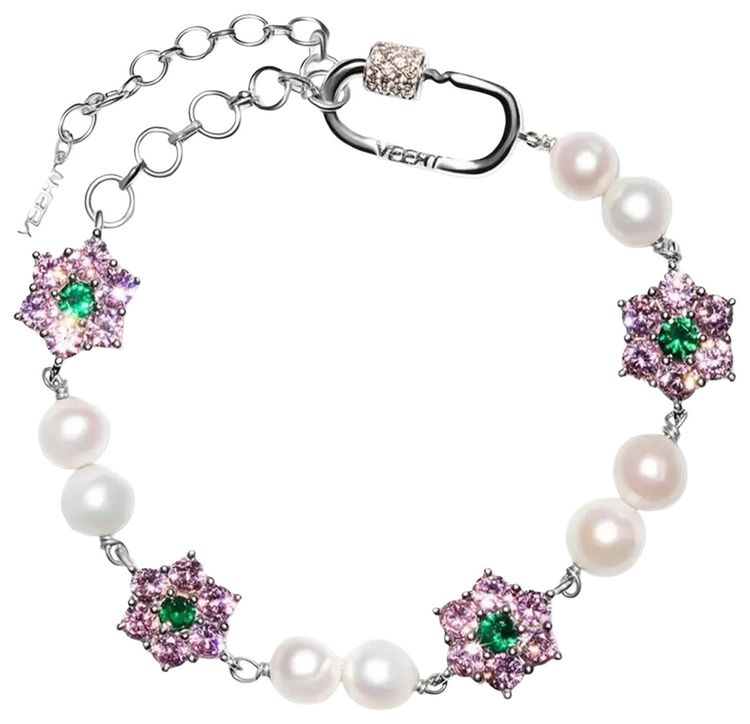 VEERT Macro Pink  Green Flower Stone Freshwater Pearl Bracelet White Gold