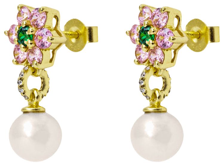 VEERT Pink  Green Flower Freshwater Pearl Earring Pair Yellow Gold