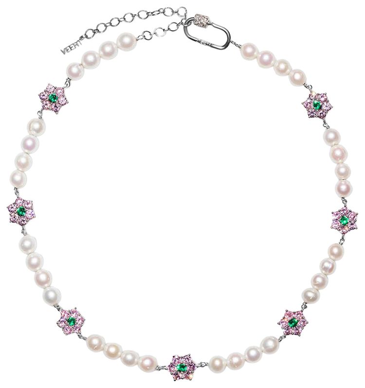 VEERT Pink  Green Flower Stone Freshwater Pearl Necklace Yellow Gold