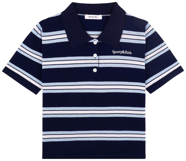 Sporty  Rich Serif Logo Silk Pique Cropped Polo Dark NavyWhiteFlax Blue