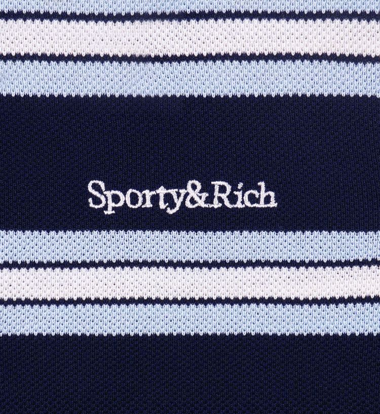 Sporty  Rich Serif Logo Silk Pique Cropped Polo Dark NavyWhiteFlax Blue