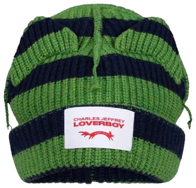 Charles Jeffrey Loverboy Supersized Chunky Ears Beanie GreenNavy Stripe