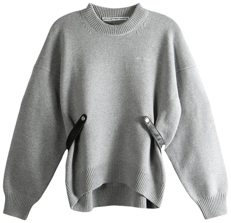 Alexander Wang Long Sleeve Screwneck Detachable Leather Tabs Pullover Heather Grey