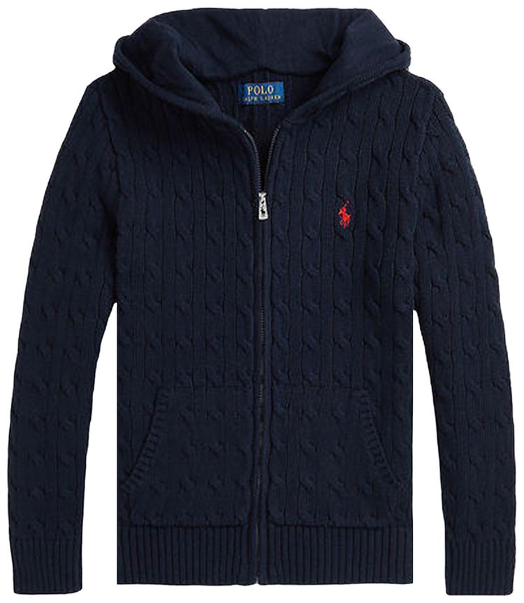 Polo Ralph Lauren Long Sleeve Cotton Cable Knit Full Zip Hoodie Navy