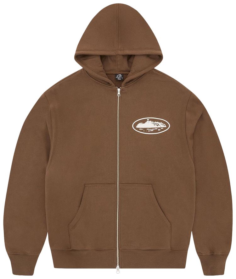 Corteiz Island Puff Print Zip Hoodie Brown