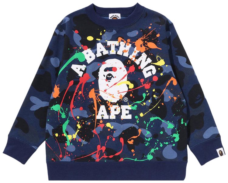 BAPE Kids Color Camo Painting College Crewneck Sweatshirt Navy