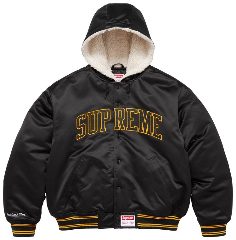 Supreme x Mitchell  Ness Lined Hooded Satin Varsity Jacket Black
