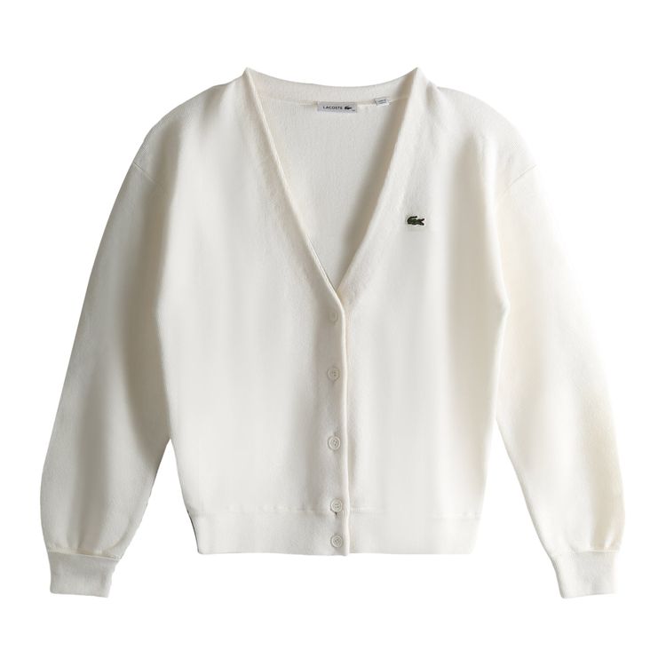 Lacoste V Neck Moss Stitch Cotton Cardigan Flour