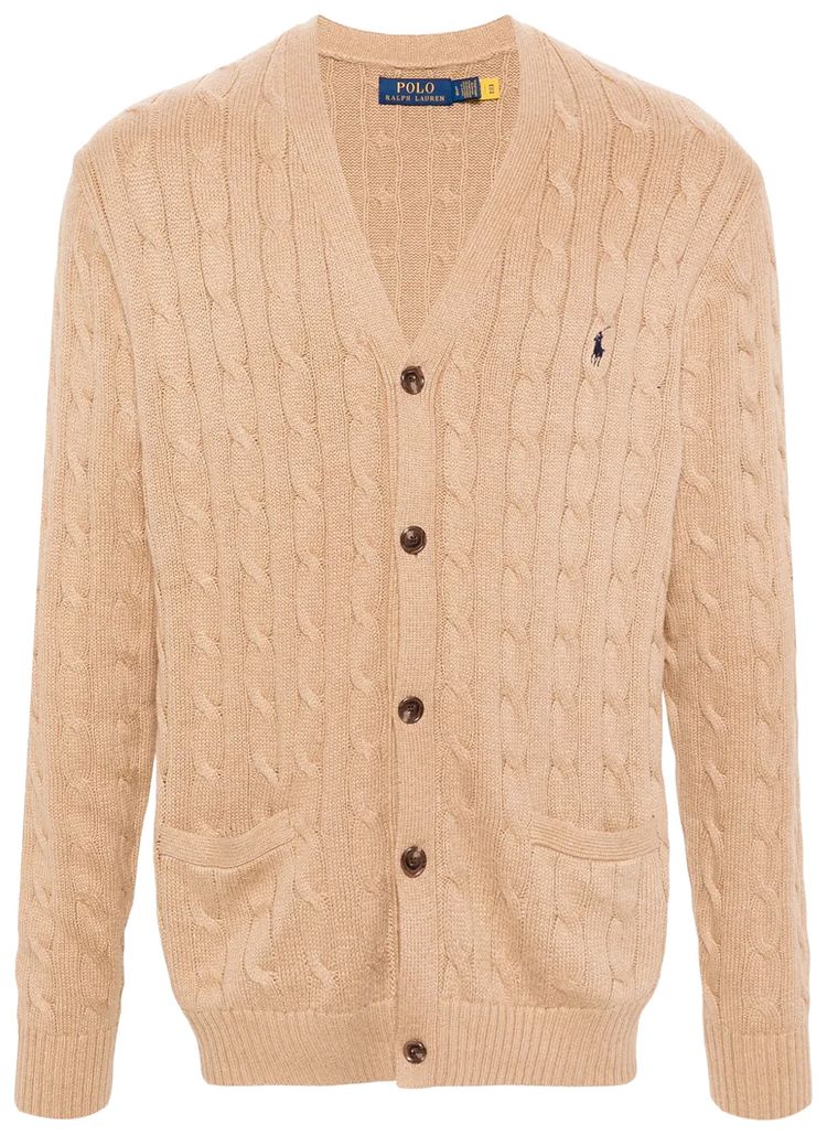 Polo Ralph Lauren Long Sleeve Cotton Cable V Neck Cardigan Camel Melange