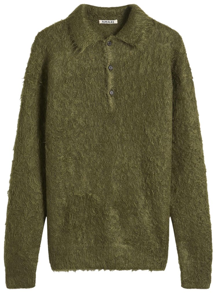 Auralee Brushed Super Kid Mohair Knit Polo Olive