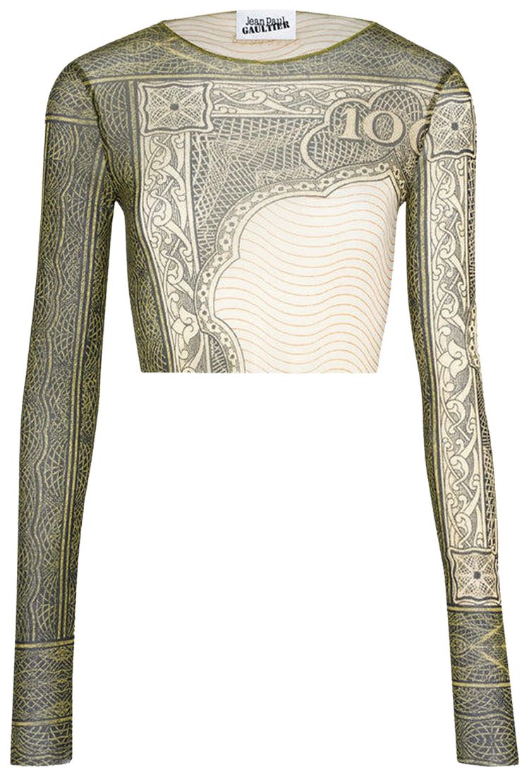 Jean Paul Gaultier Re Edition Crew Neck Long Sleeve Crop Top Printed Cartouche GreenEcruBlackOrange