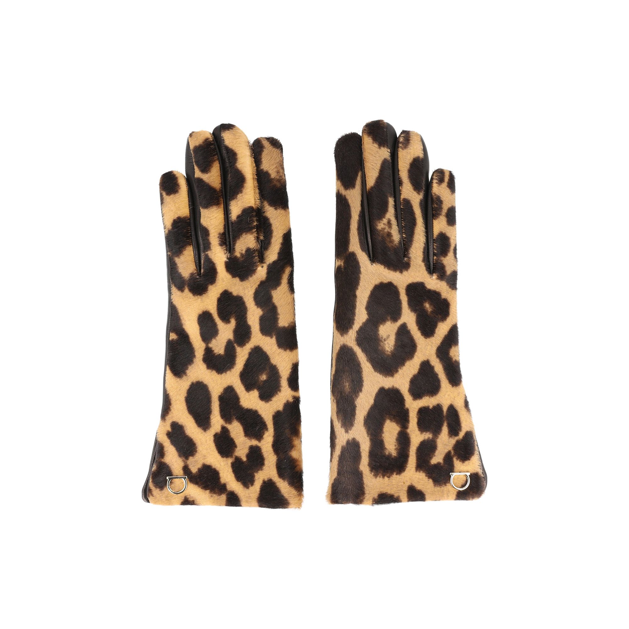 Buy Ferragamo Leopard Print Pony Hair Leather Gloves 'Bone