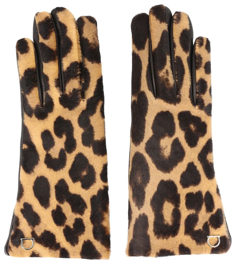 Ferragamo Leopard Print Pony Hair Leather Gloves Bone