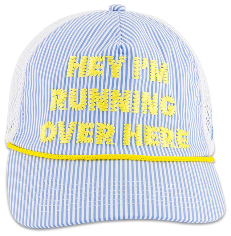 Alex Zono Hey Im Running Over Here Trucker Hat Blue Stripe