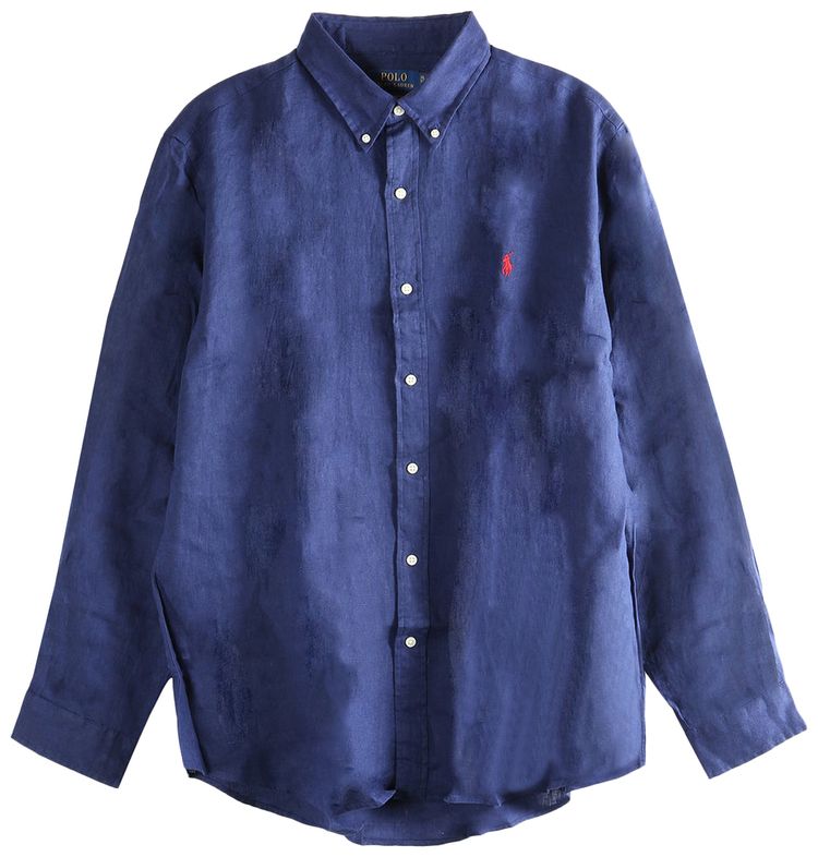 Polo Ralph Lauren Long Sleeve Piece Dye Linen Sport Shirt Classic Navy