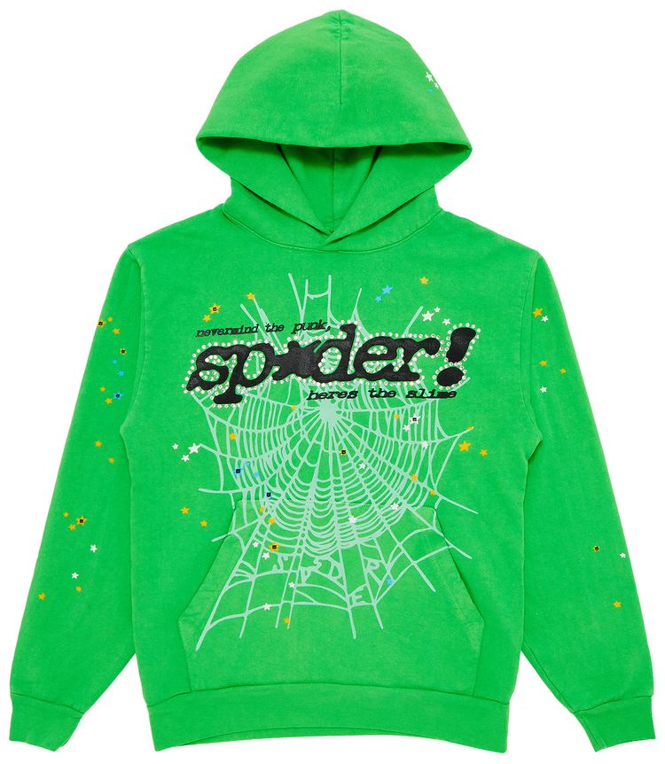 Sp5der Punk V2 Rhinestone Hoodie Bright Green