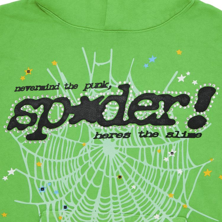 Sp5der Punk V2 Rhinestone Hoodie Bright Green