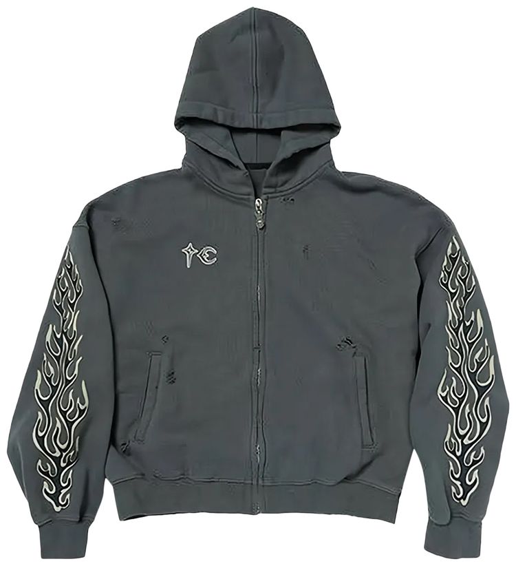 Thug Club Leather Flame Zip Up Hoodie Grey