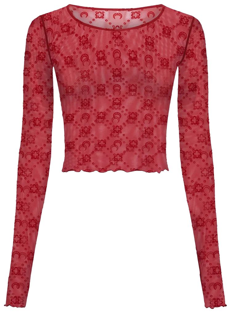 Marine Serre Monogram Mesh Flock Long Sleeve Cropped Top Ribbon Red