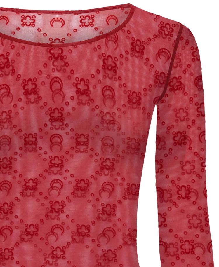 Marine Serre Monogram Mesh Flock Long Sleeve Cropped Top Ribbon Red