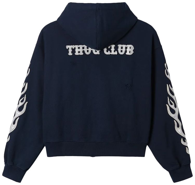Thug Club Leather Flame Zip Up Hoodie Navy