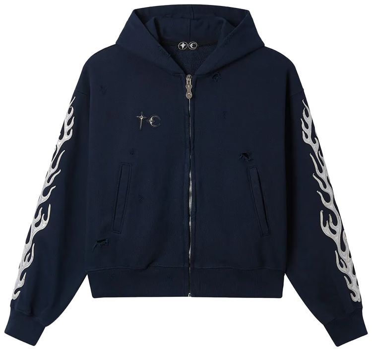 Thug Club Leather Flame Zip Up Hoodie Navy
