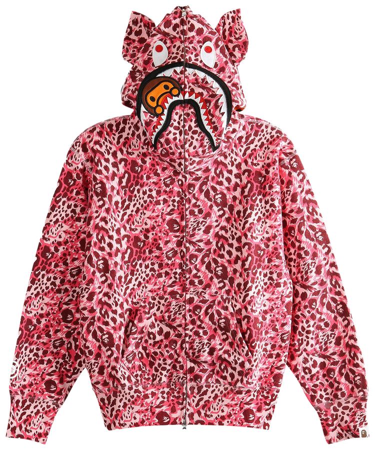 BAPE Wild Leopard Pattern Milo Shark Full Zip Hoodie Pink