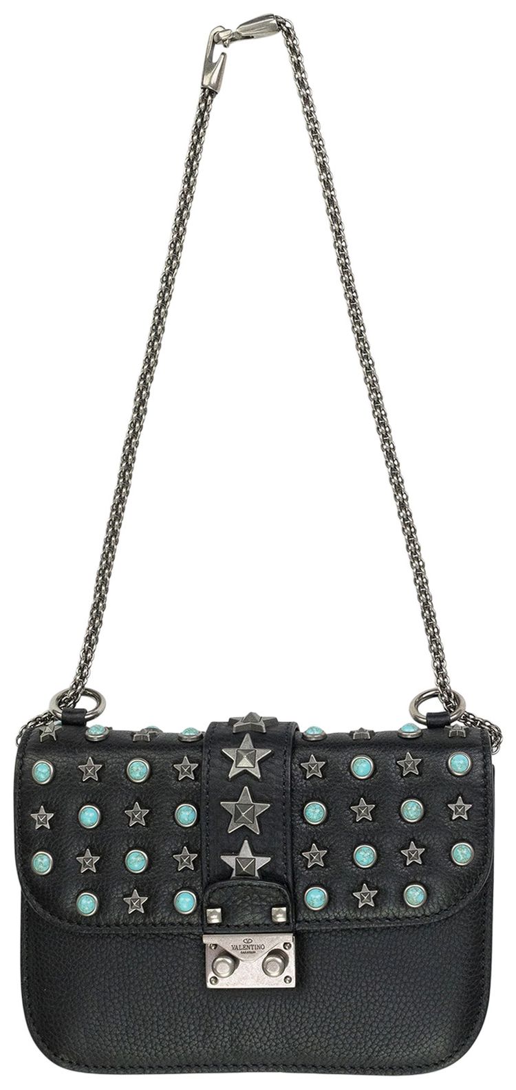 Valentino Glam Lock Star Studded Shoulder Bag Black