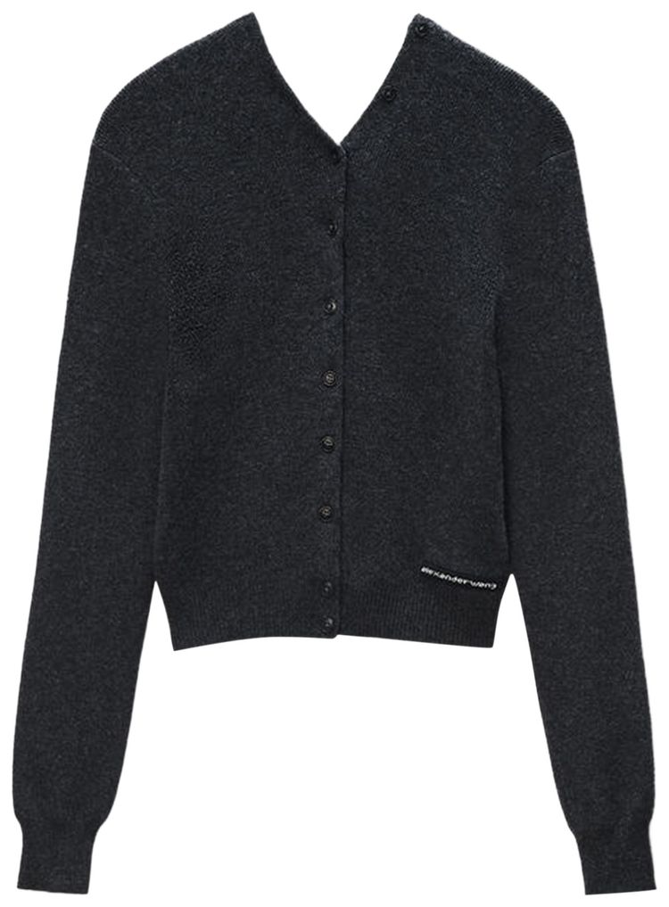 Alexander Wang Knit Logo Label High Neck Button Up Cardigan Charcoal